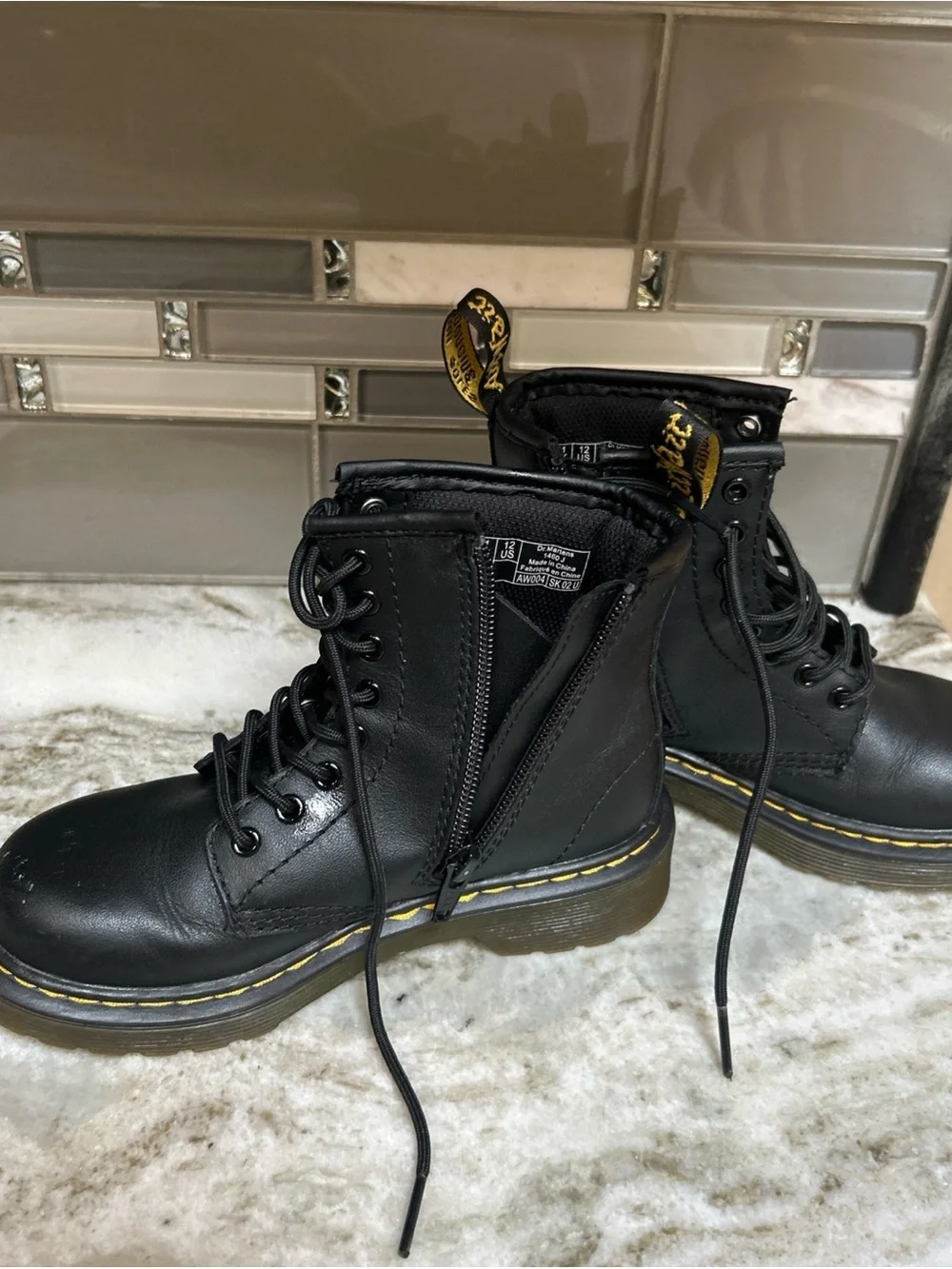 Dr. Martens Zavala  Kids Side Zip Combat Black Ankle Lace Up Leather Boots Sz 12